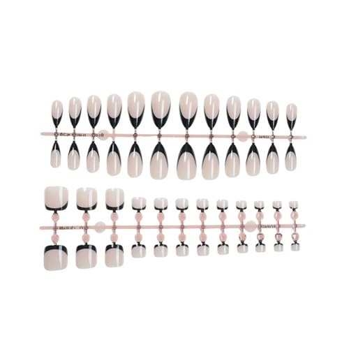 48Pcs Medium Almond Press on Nails and Toes Matching Set Black French Tip Fake