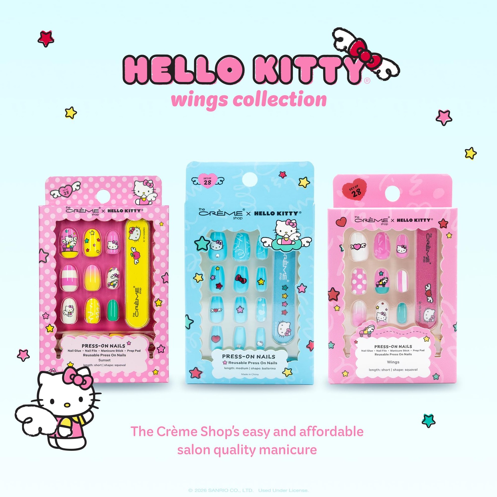 The Crème Shop Hello Kitty Press On Nails, Short Squoval Shape, Sunset Wings