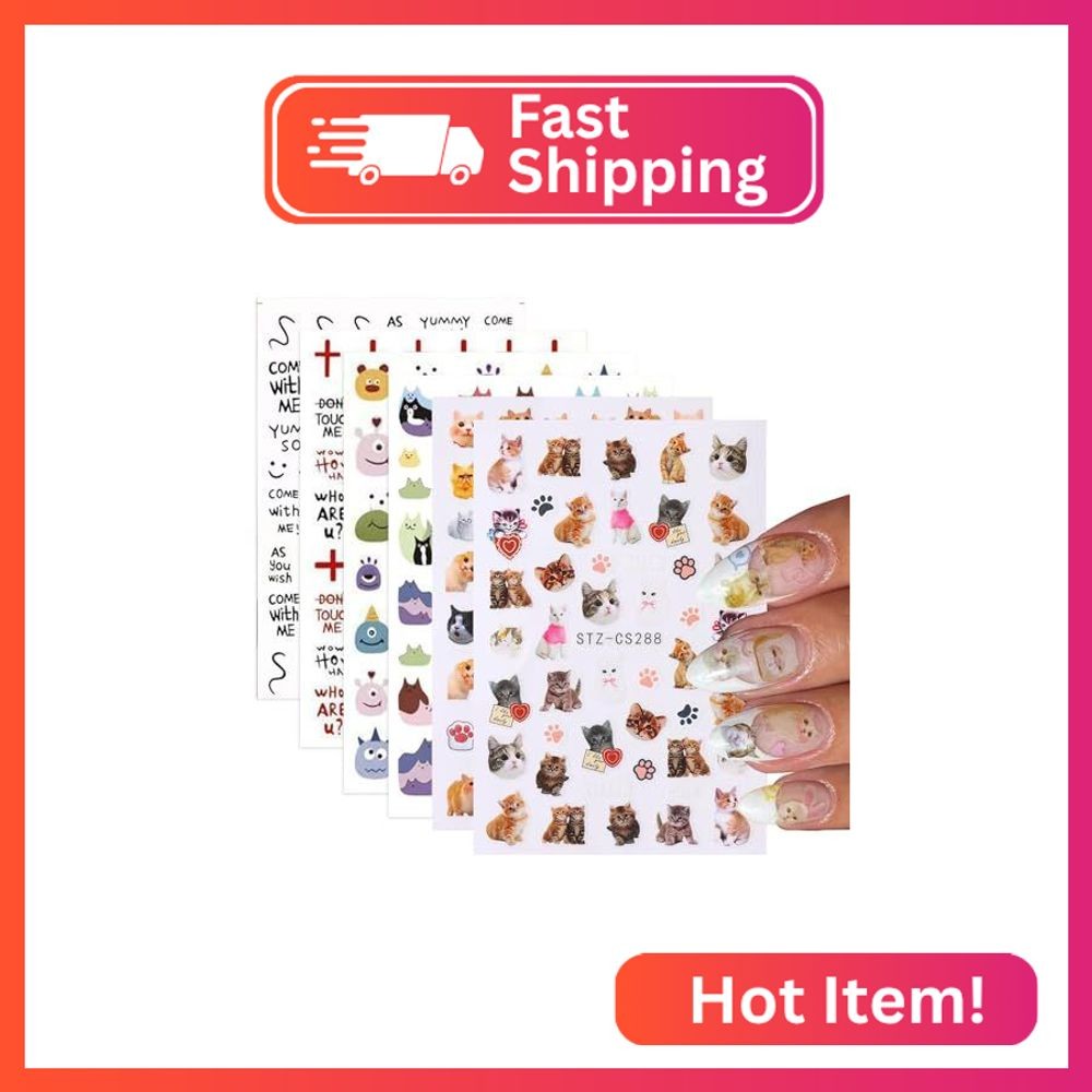 6 Sheets Animal Nail Art Sticker 3D Self-Adhesive Nail Decals Cute Cat Letter Pa