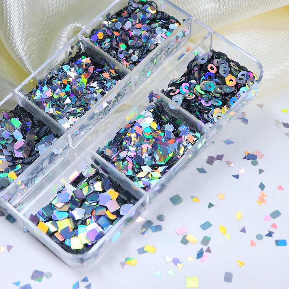 6 Grids Glitter Nail Art Sequins Triangle Hollow Square Mixed Shape Nails Decor