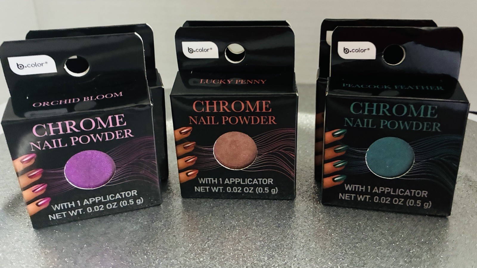 Chrome Nail Powder bundle. (2)Orchid Blume(2)Lucky Penny(2)Peacock Feather
