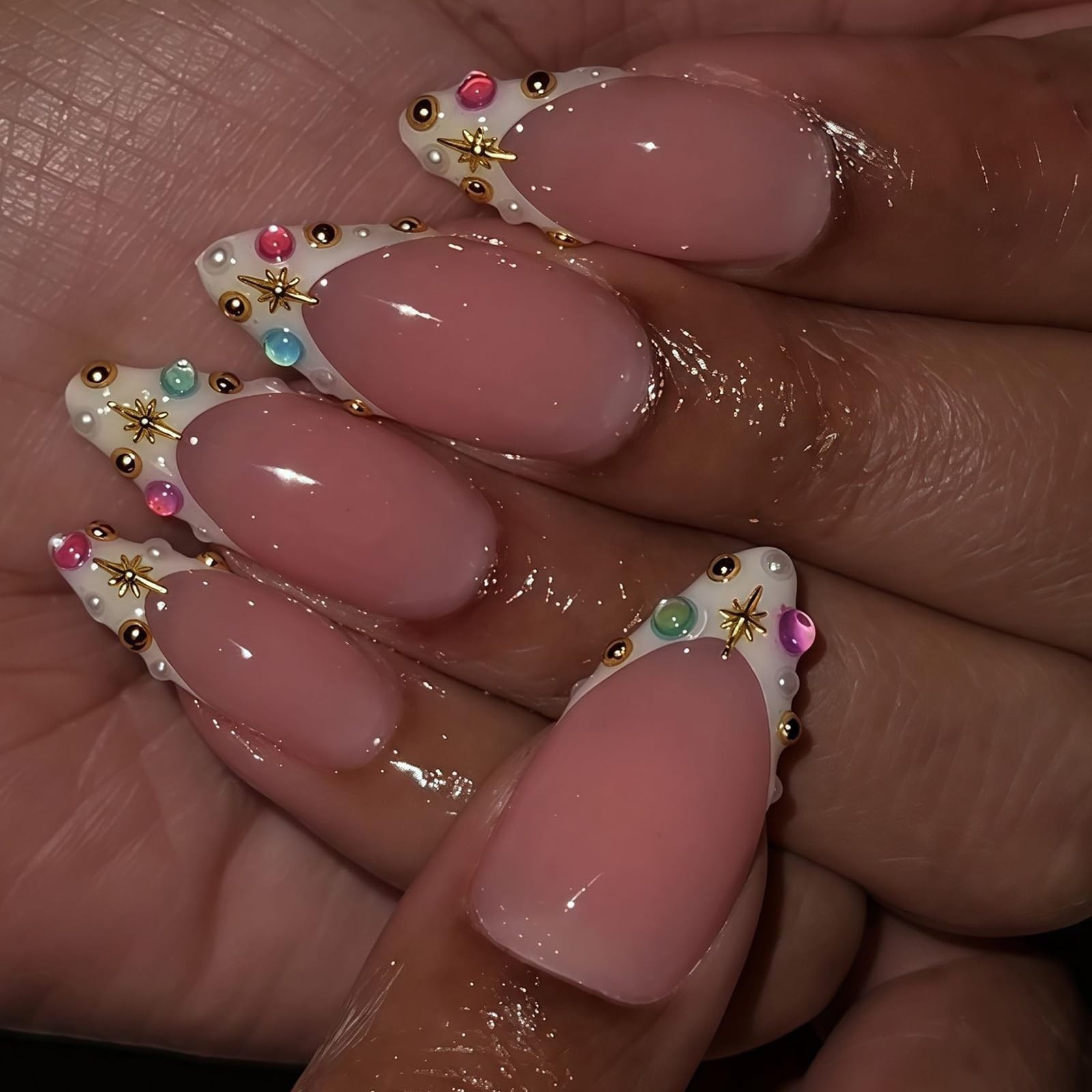 White French Tip Press On Nails Medium Almond, Cute 3D Gold Star Fake Nails w…