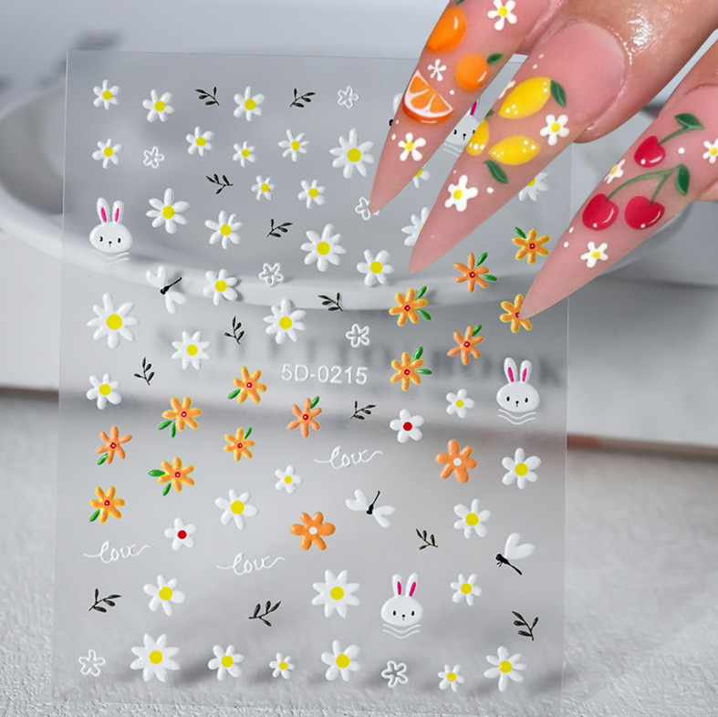 5D Embossed Nail Stickers Daisy Heart Flower Bow Engraved Adhesive Peel NH27