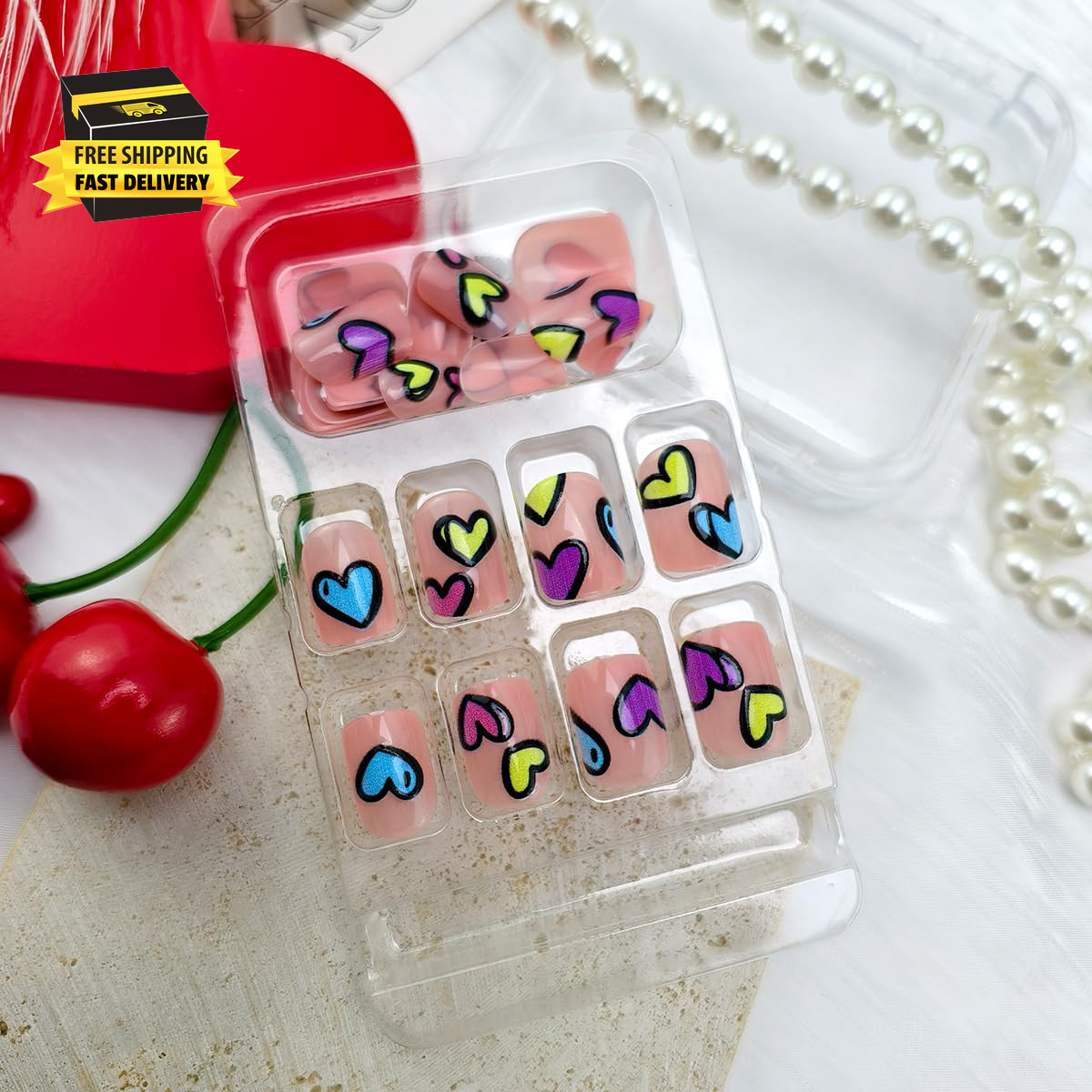 24Pcs Colorful Heart Press on Nails Short Square Fake Nails Blue Yellow Pink Hea