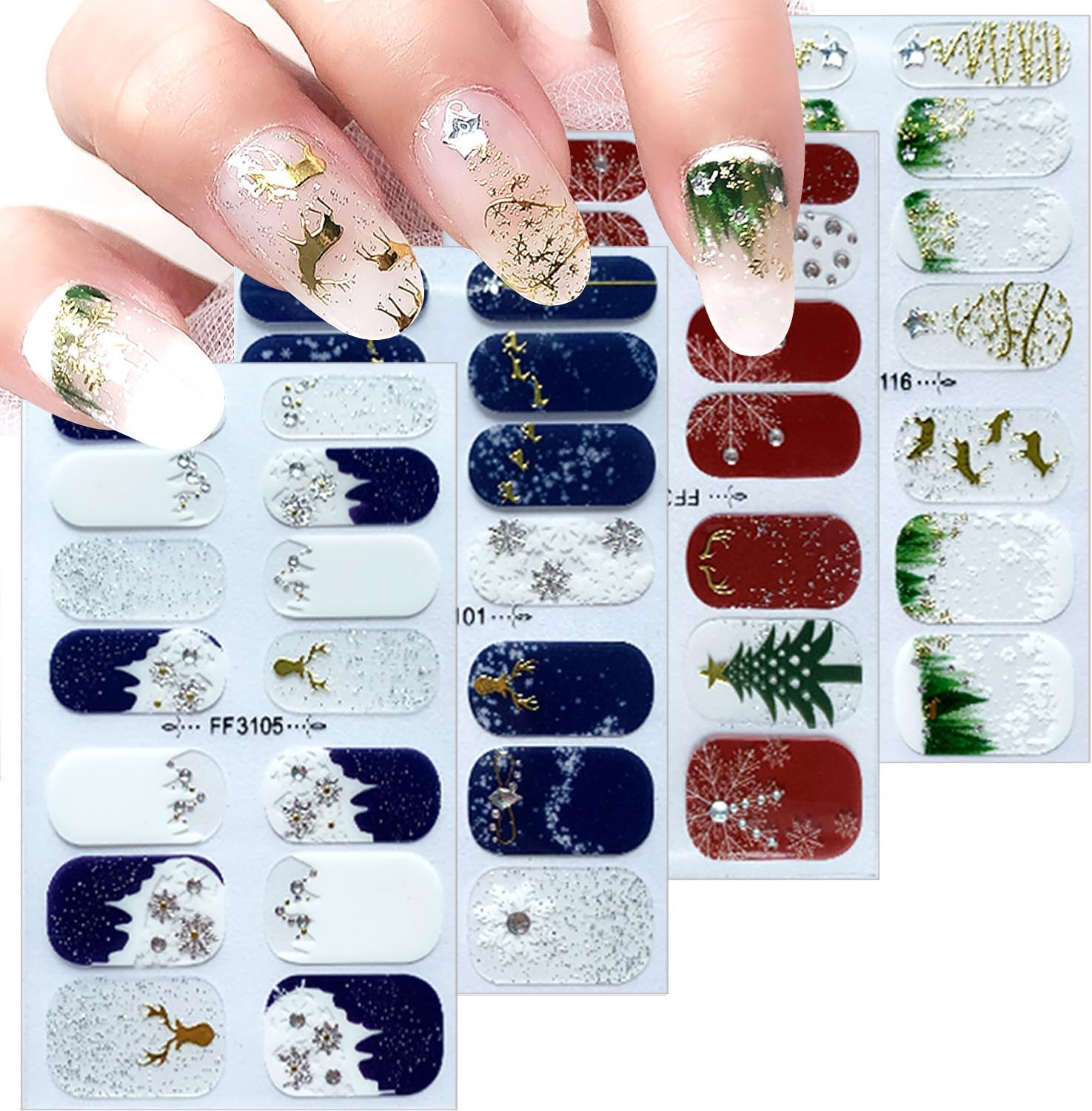 4 Sheets Christmas Nail Wraps Stickers 5D Charms White Snowflake Gel Nail Sticke