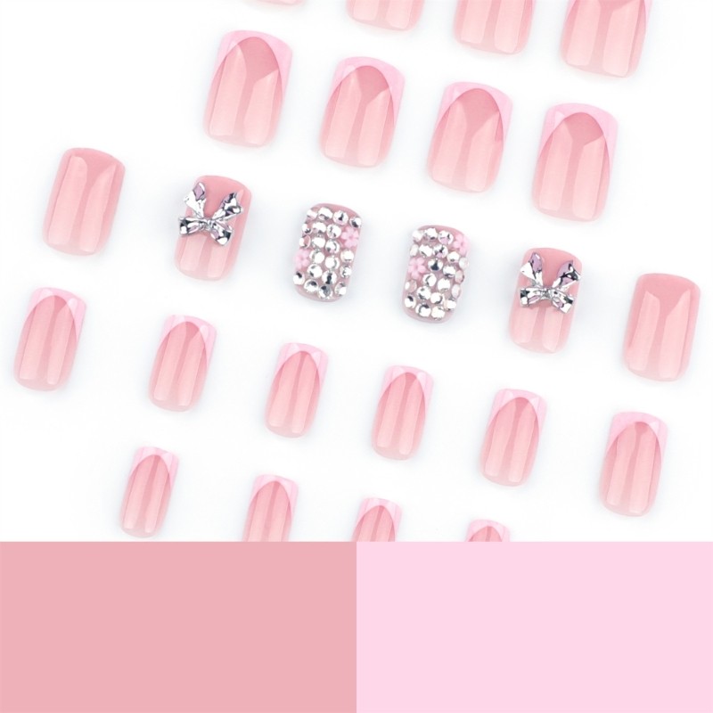 24 Pieces Luxurious Press on Nail Short Square False Nail with 3D Bows Designs