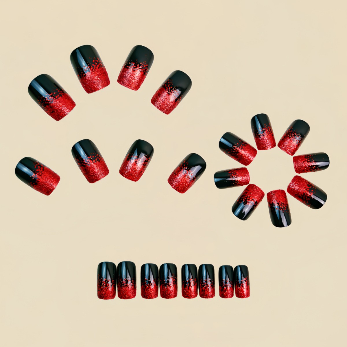 48 Pcs of Red Glitter Gradient Medium To Long Oval Nail Art, Suitable for Women