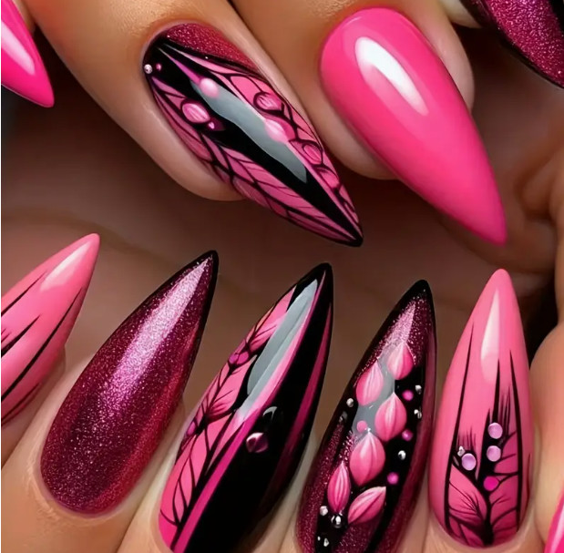 24 Pieces Press-On Nails Long Almond Glossy Red & Black Glossy Flower Print