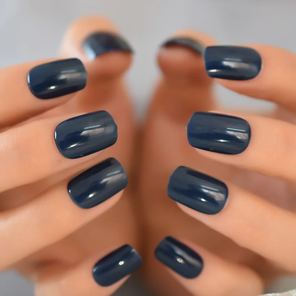 24 Short Press on nail kit w/ glue Dark Blue Navy Gel glossy