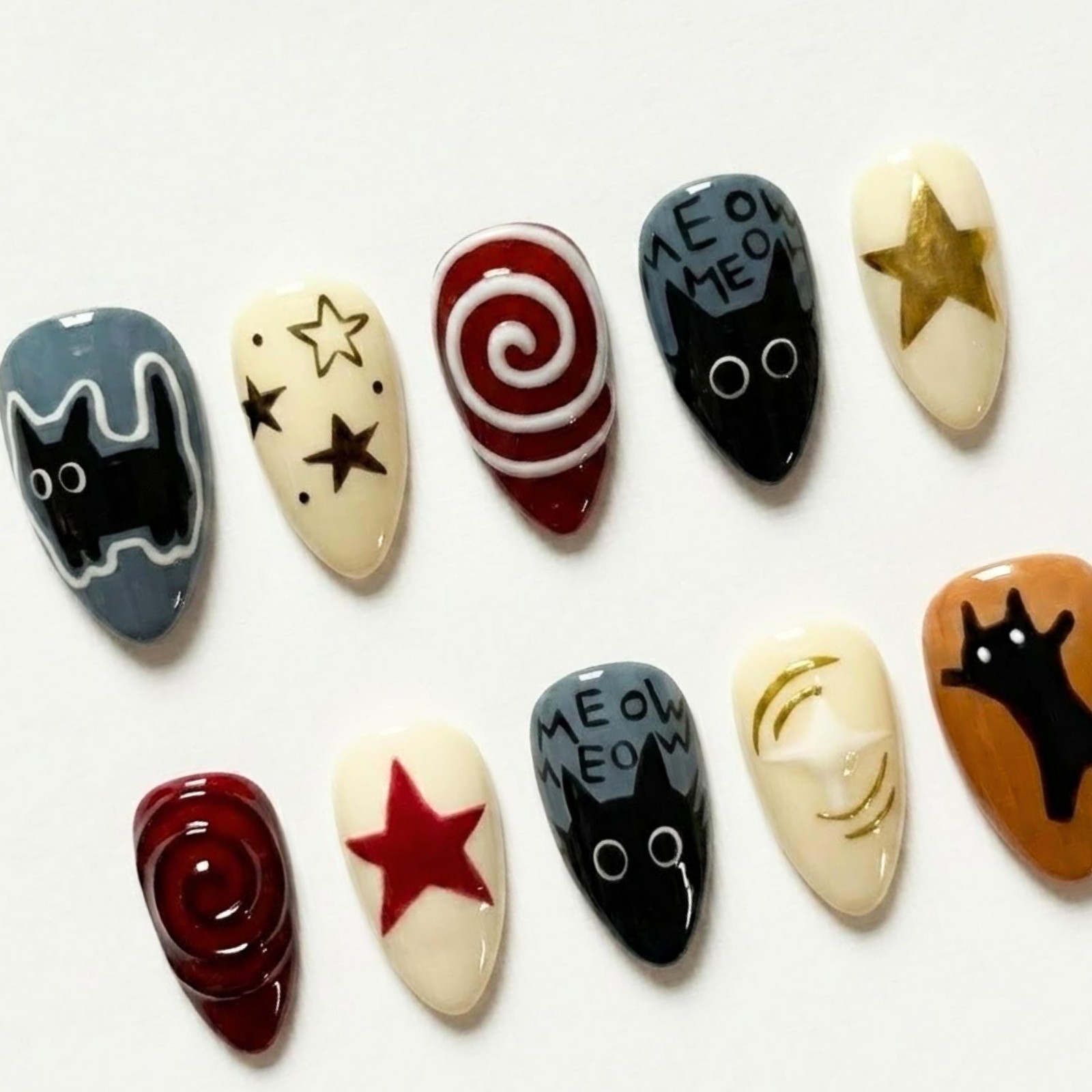 Handmade Custom Cute Black Cat Meow Star Swirl Retro Almond Press on Nails