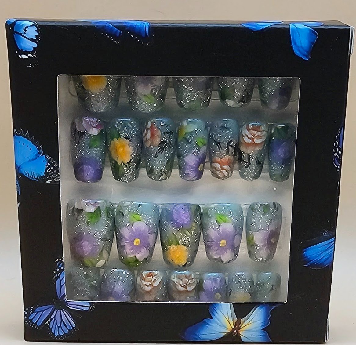 Reusable Short Coffin Press-On Nails – Teal Floral 24pc Full Cover Set