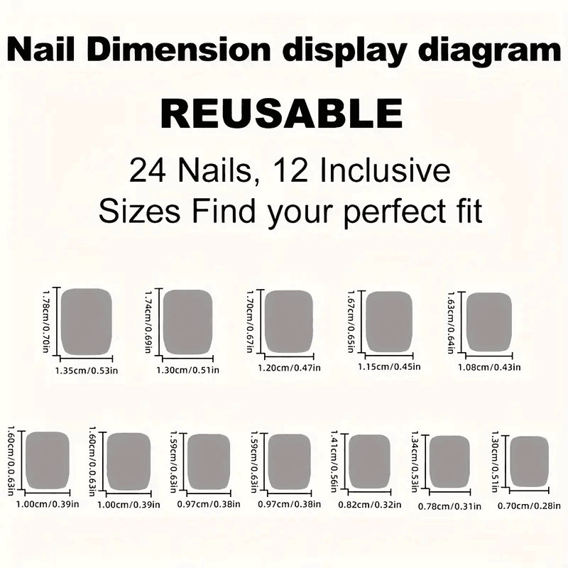 Full set of 24 short square fake nails | with glitter love heart white French