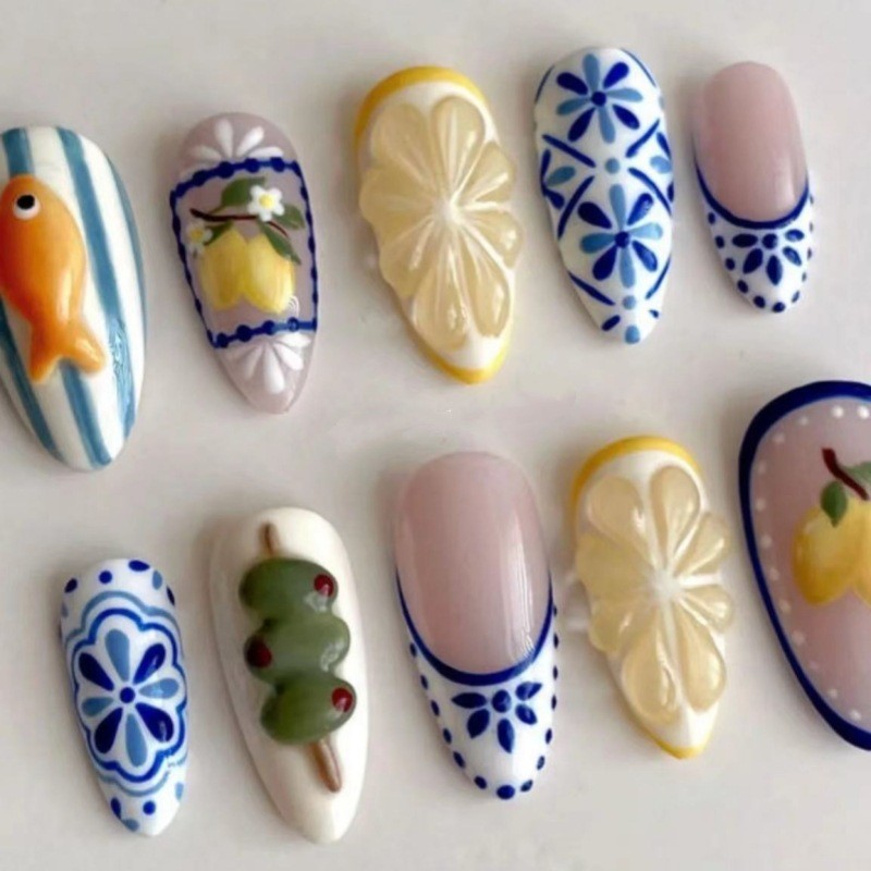48pcs Oval Press on Nails, Blue White Lemon Fish 3D Hand Paint Summer Nails