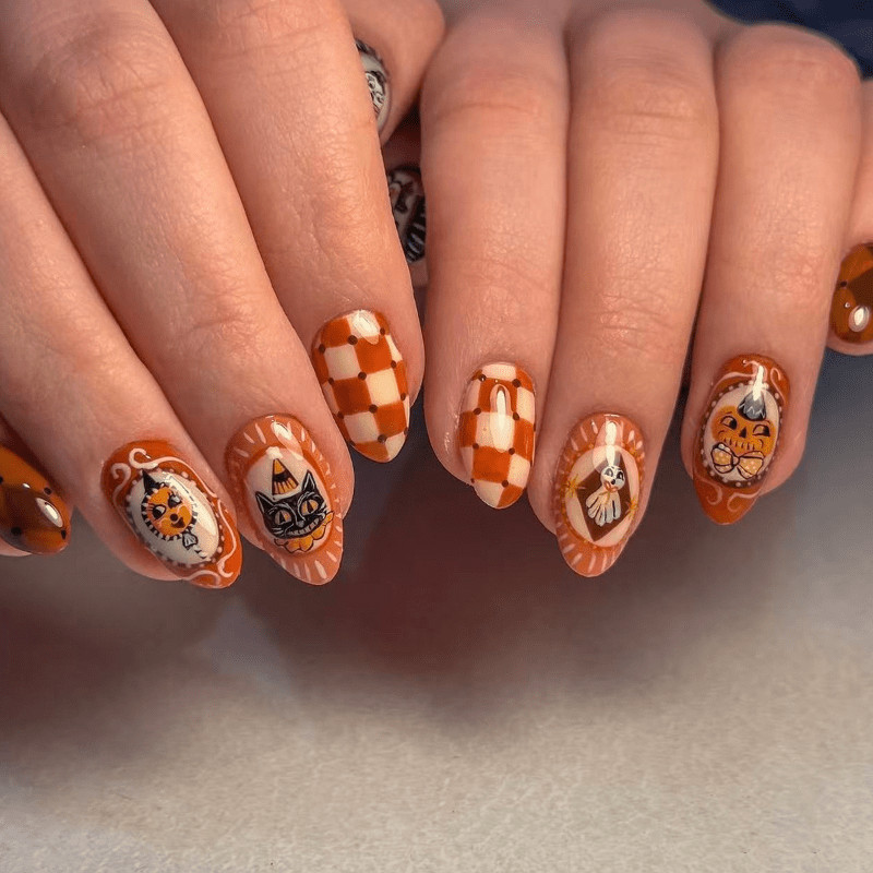 48 Pcs Pumpkin Cat Plaid Oval Press on Nails, Vintage Fall Holiday Fake Nails