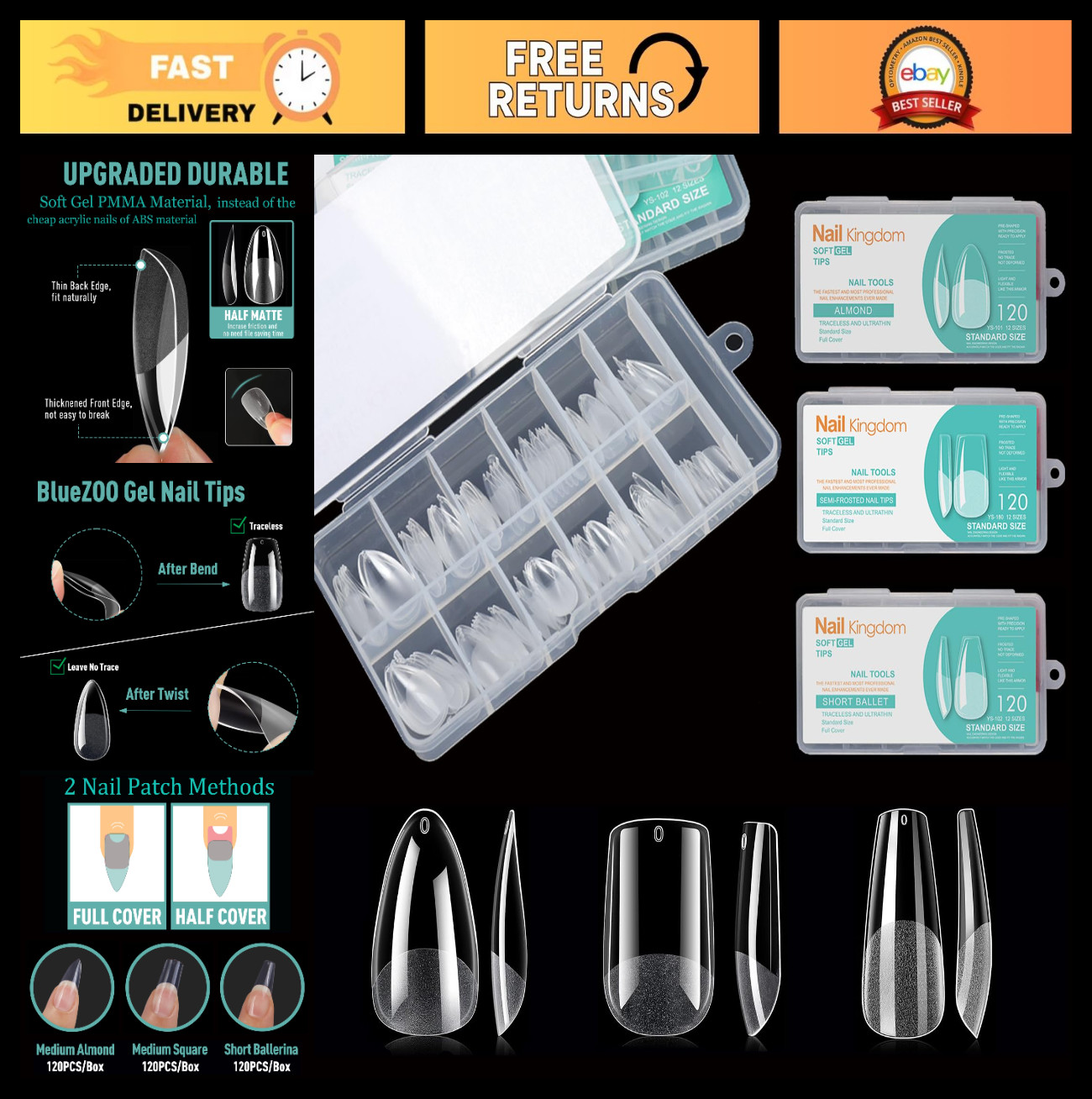 Soft Gel False Nail Tips Kit – 360PCS Medium Almond, Square, Ballerina, 12 Sizes