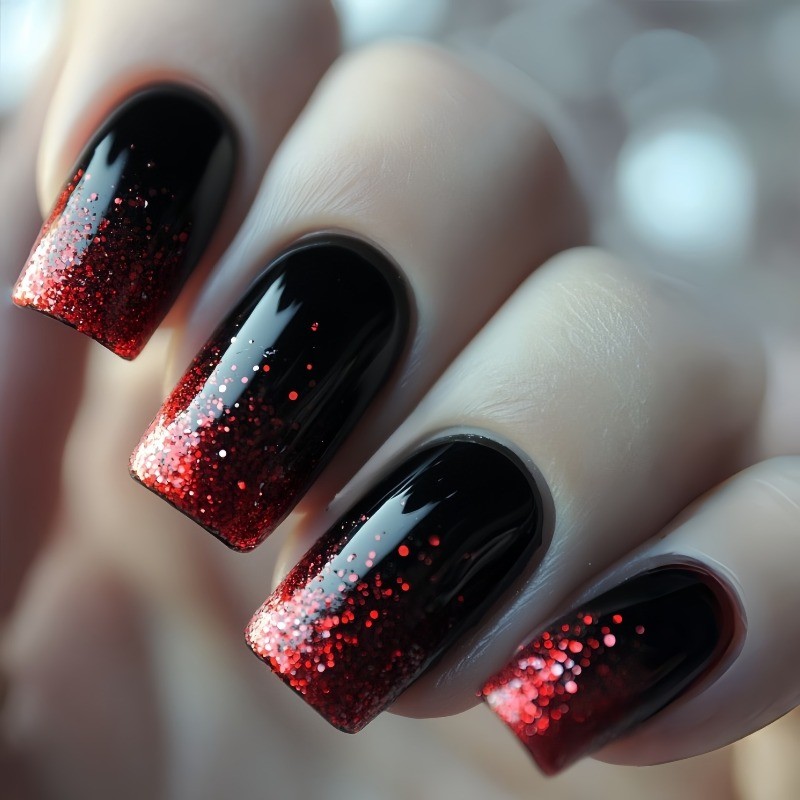 48 Pcs of Red Glitter Gradient Medium To Long Oval Nail Art, Suitable for Women