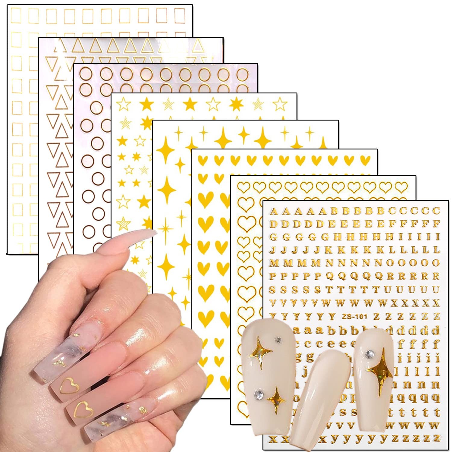 Gold Nail Stickers, -Adhesive 3D Designs – Love Heart, Stars, Circle, Triangl…