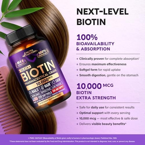 Biotin 10000mcg Supplement for Hair, Skin & Nails – Pharmaceutical Grade, Made
