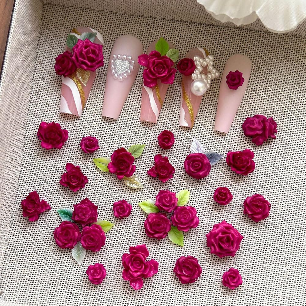 3D Rose Red Flower Nail Charms Luminous Camellias Roses Nail Art Charms Soft Car