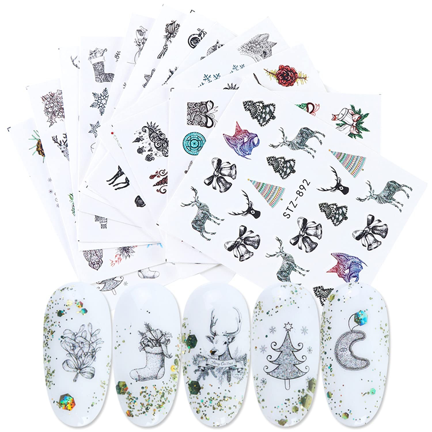 Christmas Nail Decals Stickers Water Transfer Winter Nail Decal Xmas Tree Elk…