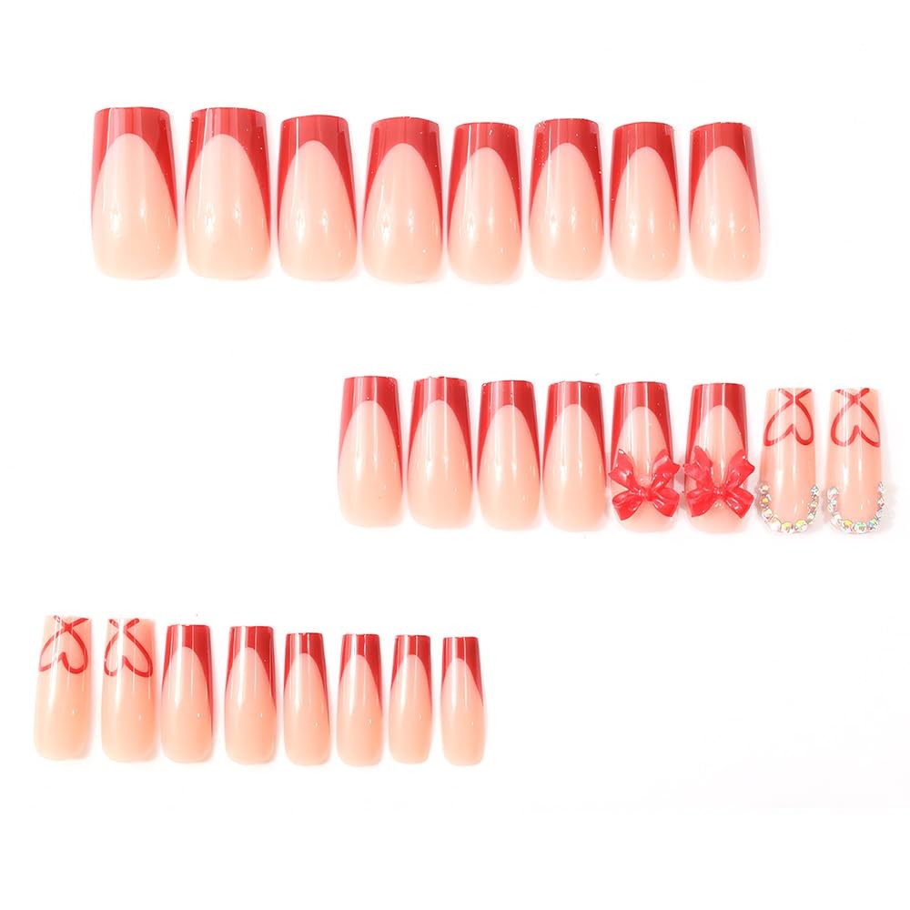 24PCS French Tip Acrylic Press on Nails for Girls, Square 3D Pink Bow Fake St…