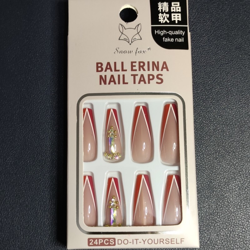 24pcs Red Classic French Press On Nails Jeweled Long Coffin False Nail Set