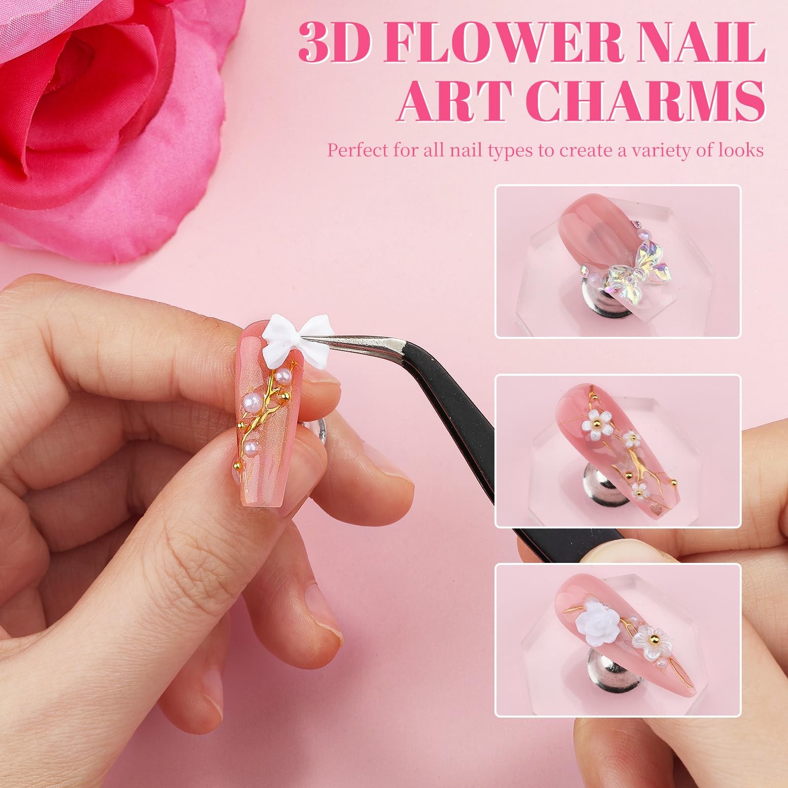 2 Boxes Assorted Nail Charms and Gems, White Flower Nail Charms Aurora Bow Me…