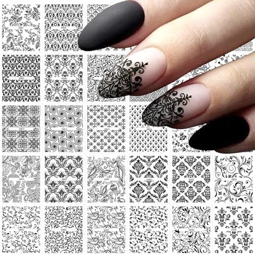 30 Sheets Lace Nail Art Stickers 3D Black Flower Lace Nail Decals Self Style 6