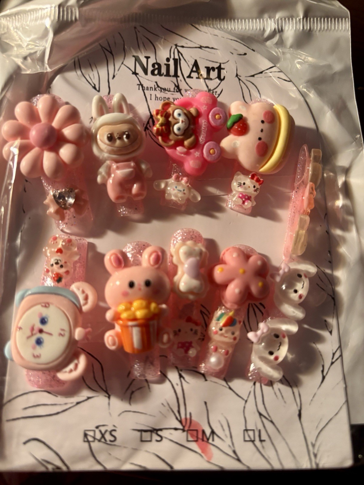 3D Resin Animal Nail Art Charms Set Self-Adhesive Pink/White Bear Rabbit Medium