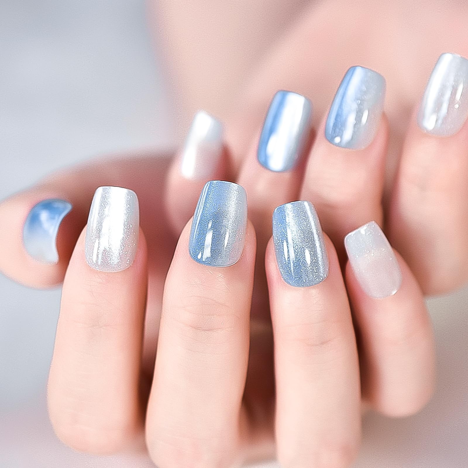 30pcs Glossy Ombre Blue Press On Nails Cat Eye Salon Manicure Medium Coffin S…