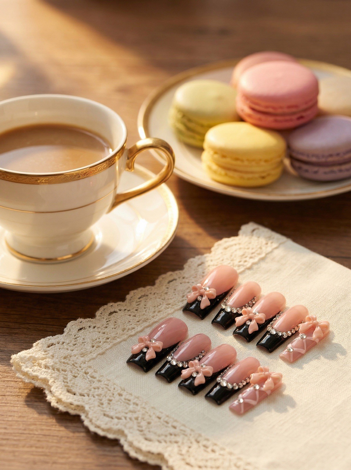 G02 Blush Bow Glam Pink Black French Press On Nails, 3D Bow Rhinestone， Handmade