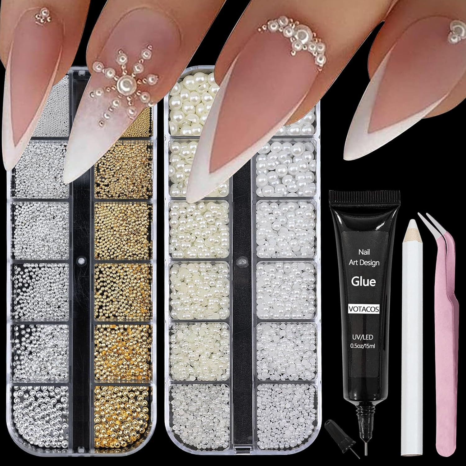Nail Art Pearls with Nail Rhinestones Glue Gel Flatback Pearls Nail Charms Luxur