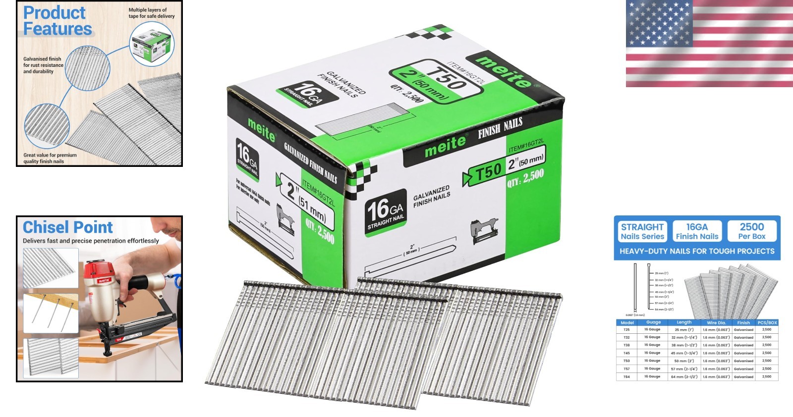 2-Inch Galvanized Finish Nails 16 Gauge 2500-Count