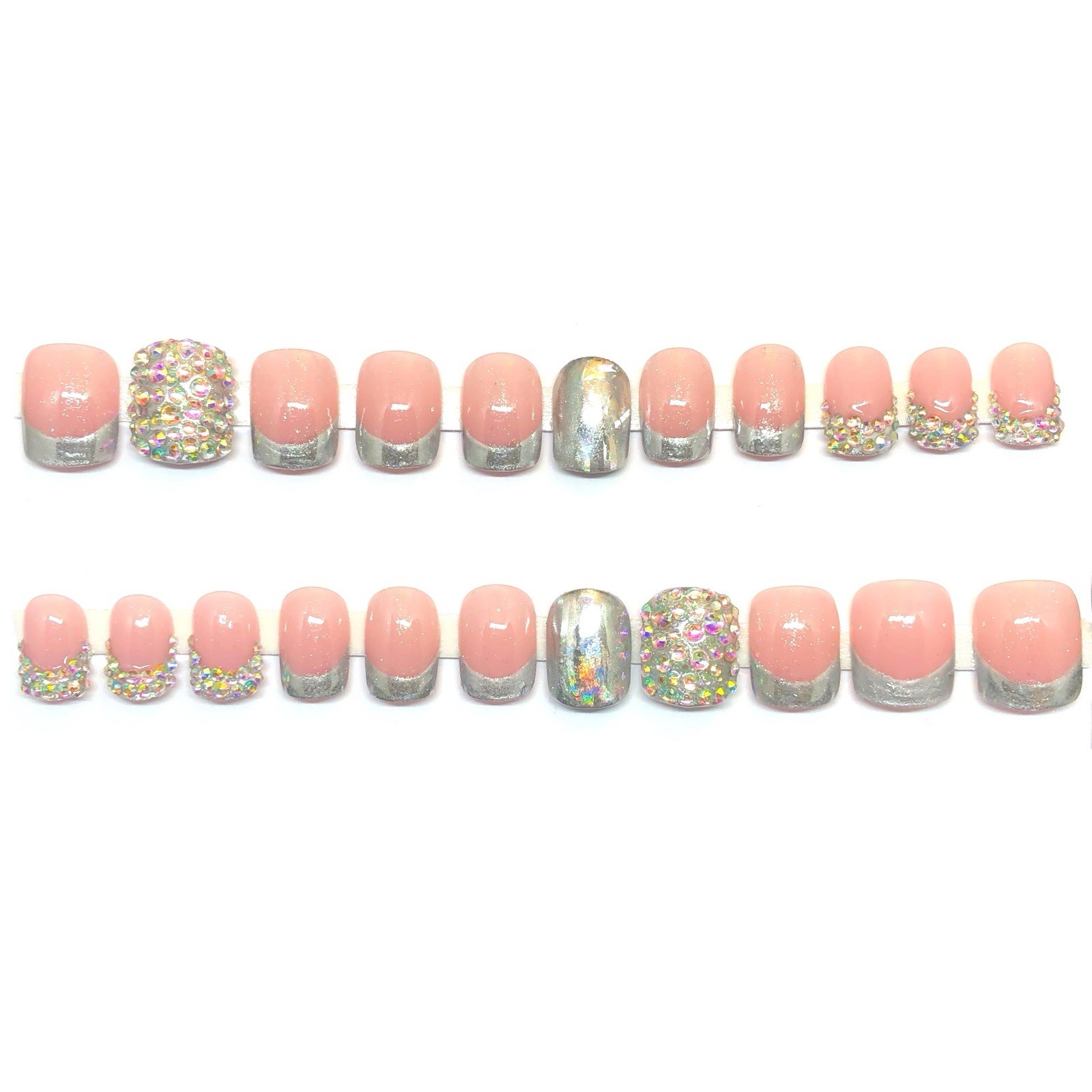 Handmade Custom Press on Nails UV Gel Short Square Pink & Silver Nails Bling