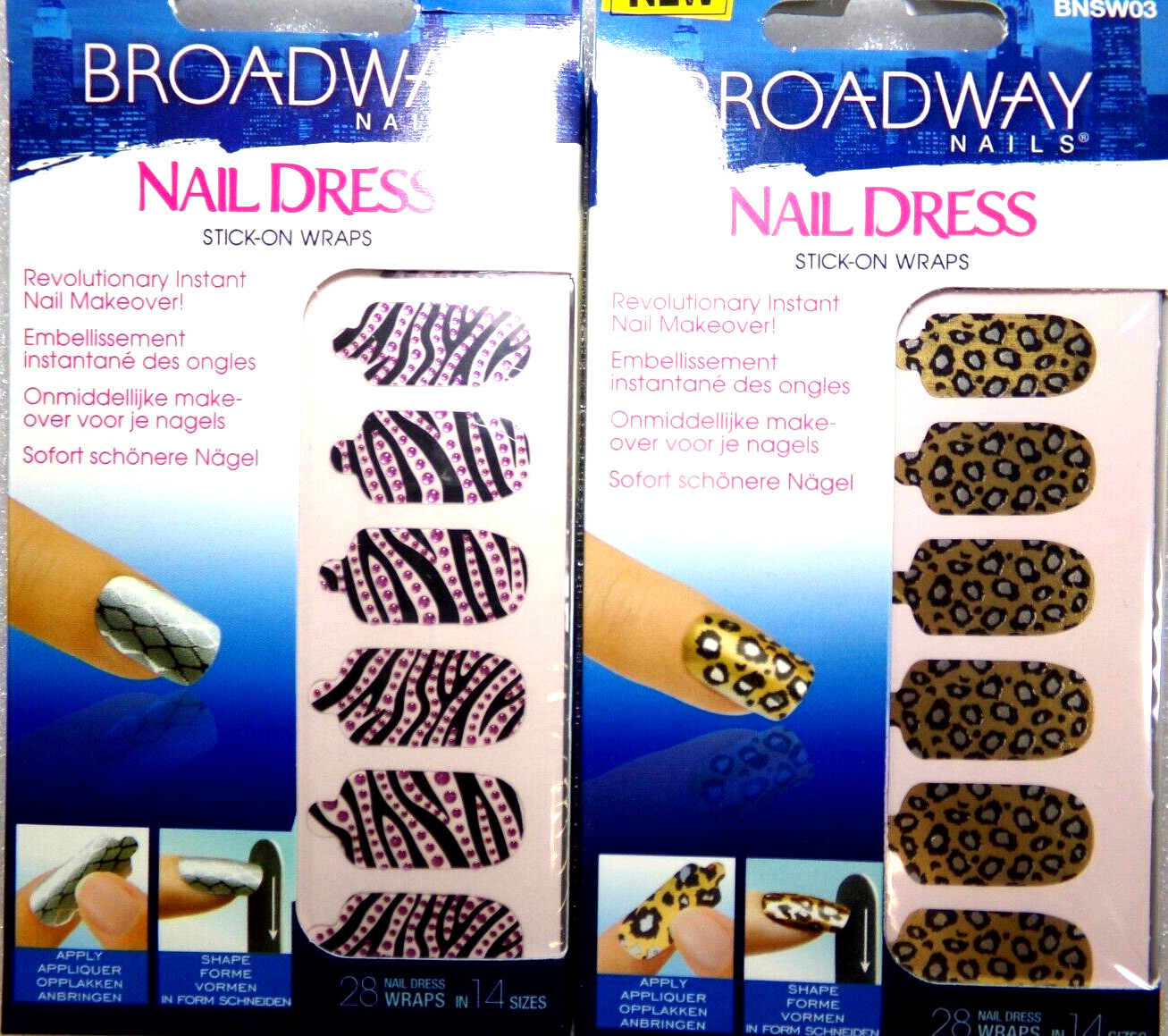 2 Packs Broadway Nail Dress Strips Gold & Black Leopard Animal Print & Pink Gems