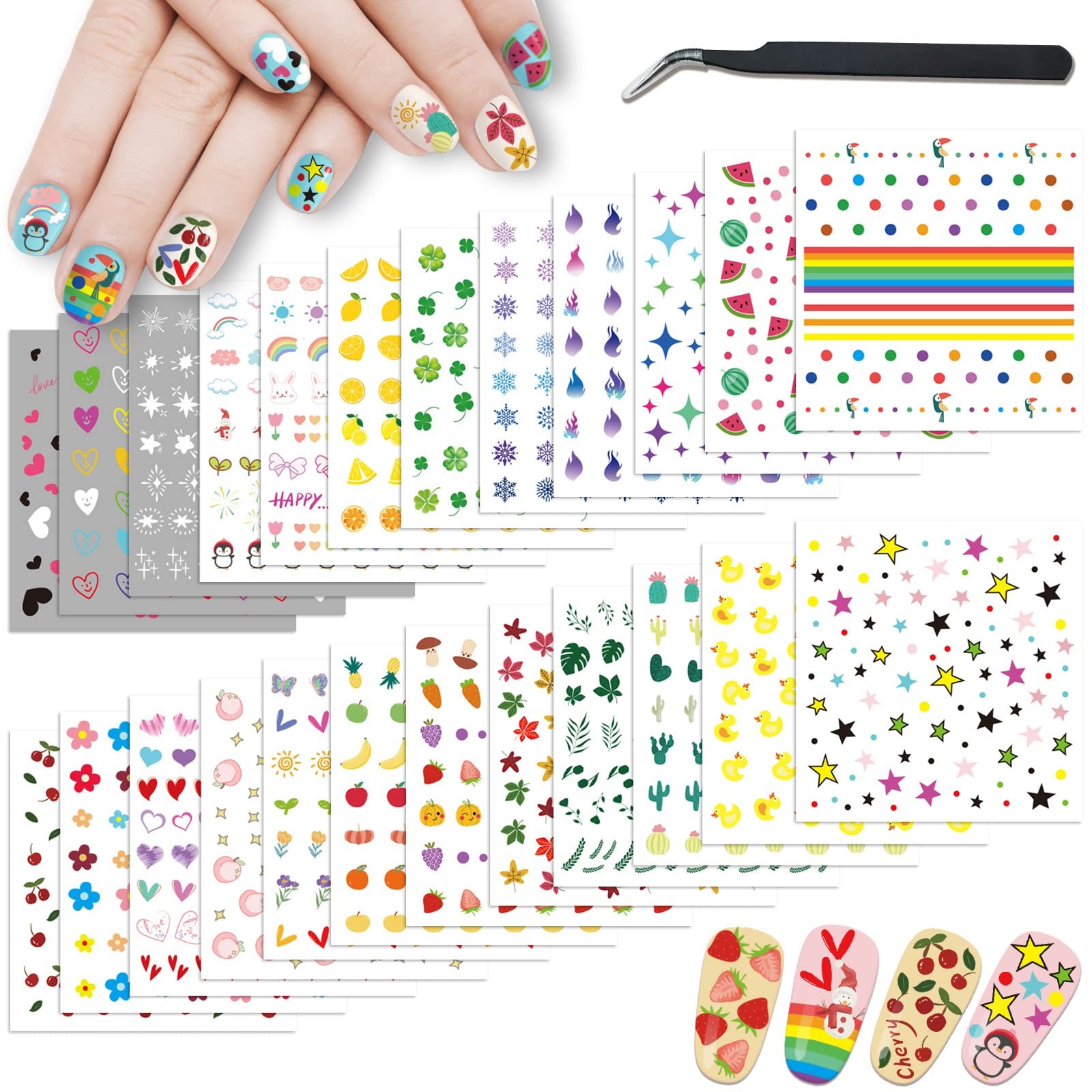 24 Sheets Nail Stickers for Girls Women and Kids, Nail Art Stickers Bunny Pen…