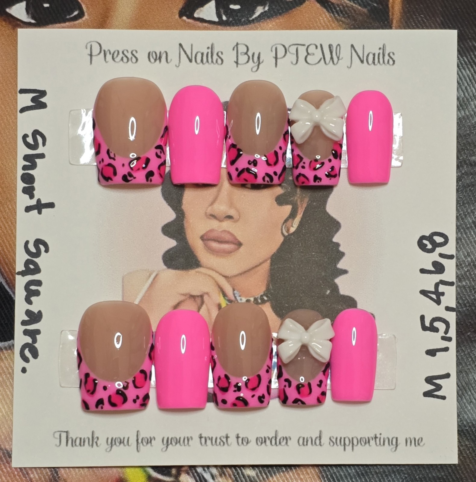 Handmade Press On Nails, Pink Cheetah , Medium Size 1,5,4,6,8 M Short Square