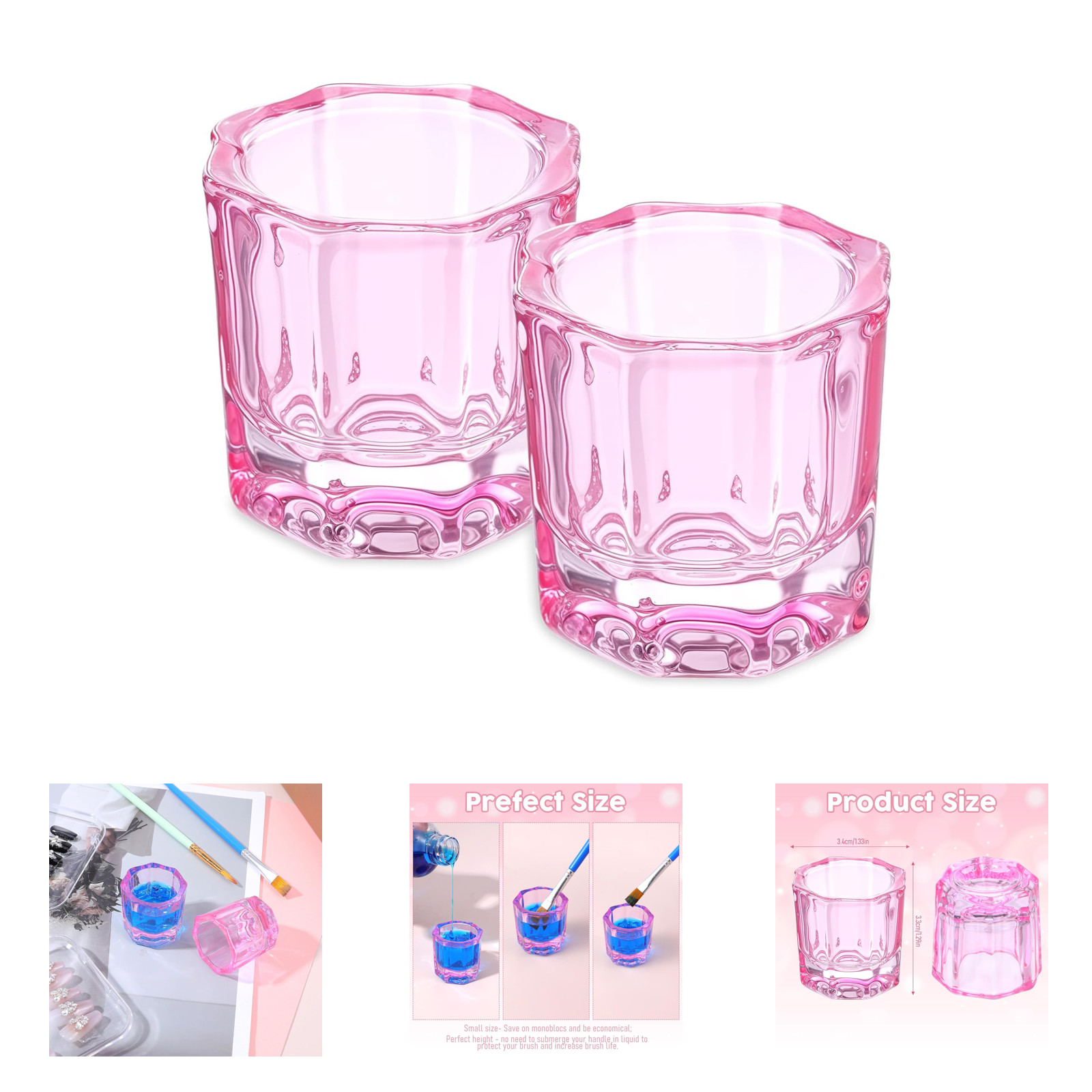 Pink Glass Nail Dappen Dish 2 Pack Acrylic Liquid Holder for Art Manicure and