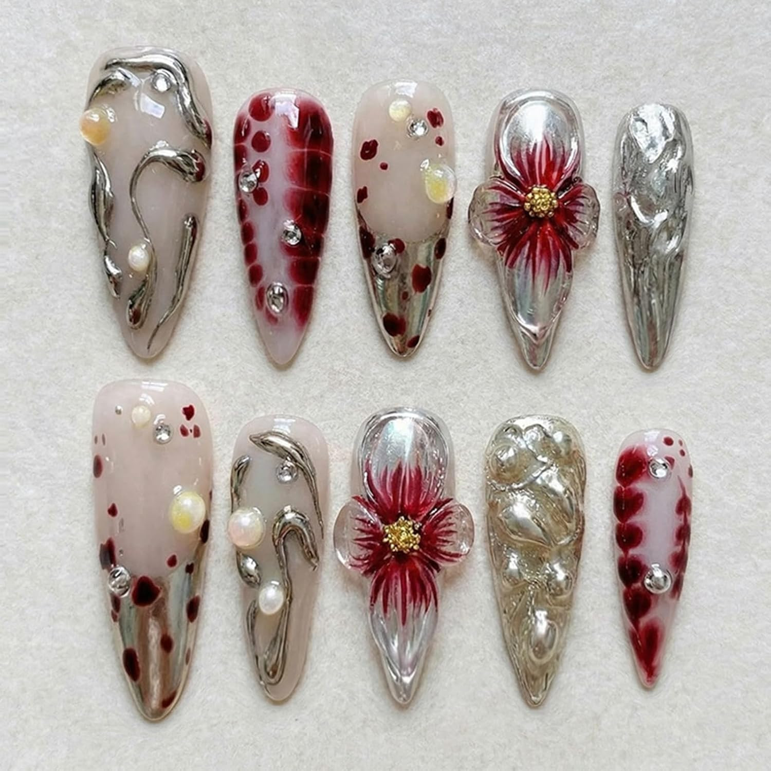 30Pcs 3D Flower Press on Nails Medium Almond Fake Nails Red French Tip False Nai