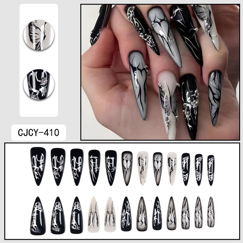 24PCS Long Press on Nails Almond Shaped Goth Black White Full Cover Artificial F