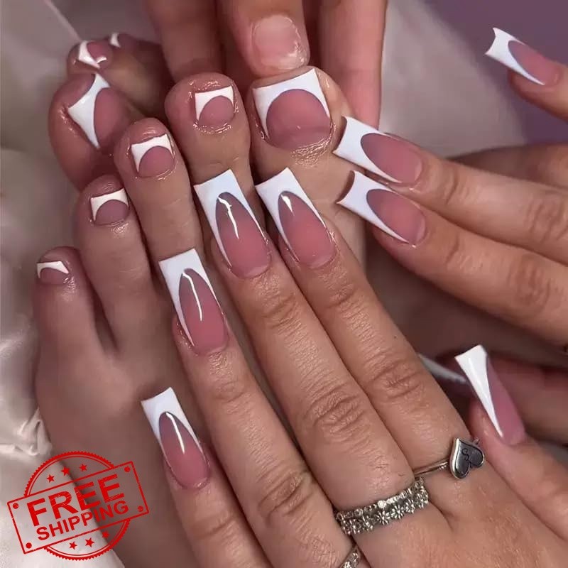 NHIXK Medium French Tip Press on Nails White Square