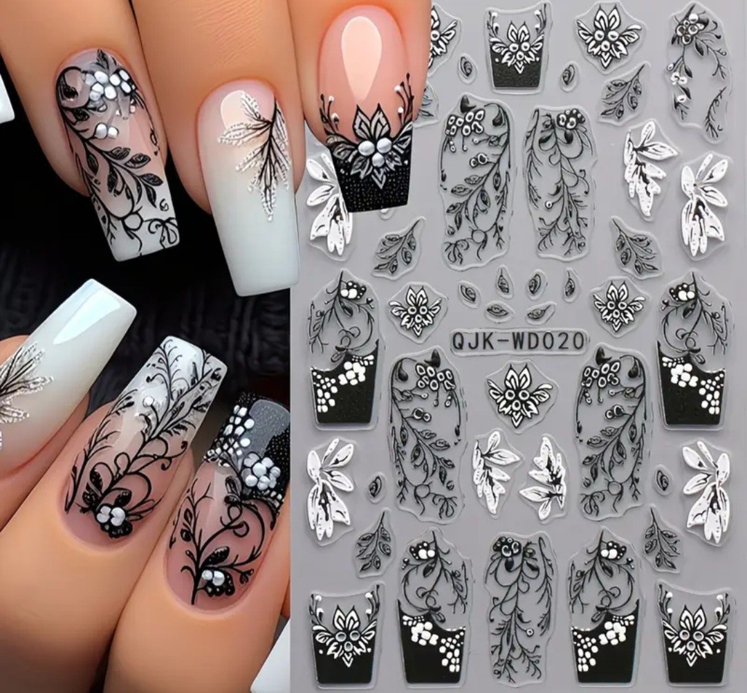 2 Pc Silver Black Nail Art Transfer Stickers Butterfly Scrolling Floral Gem Pink