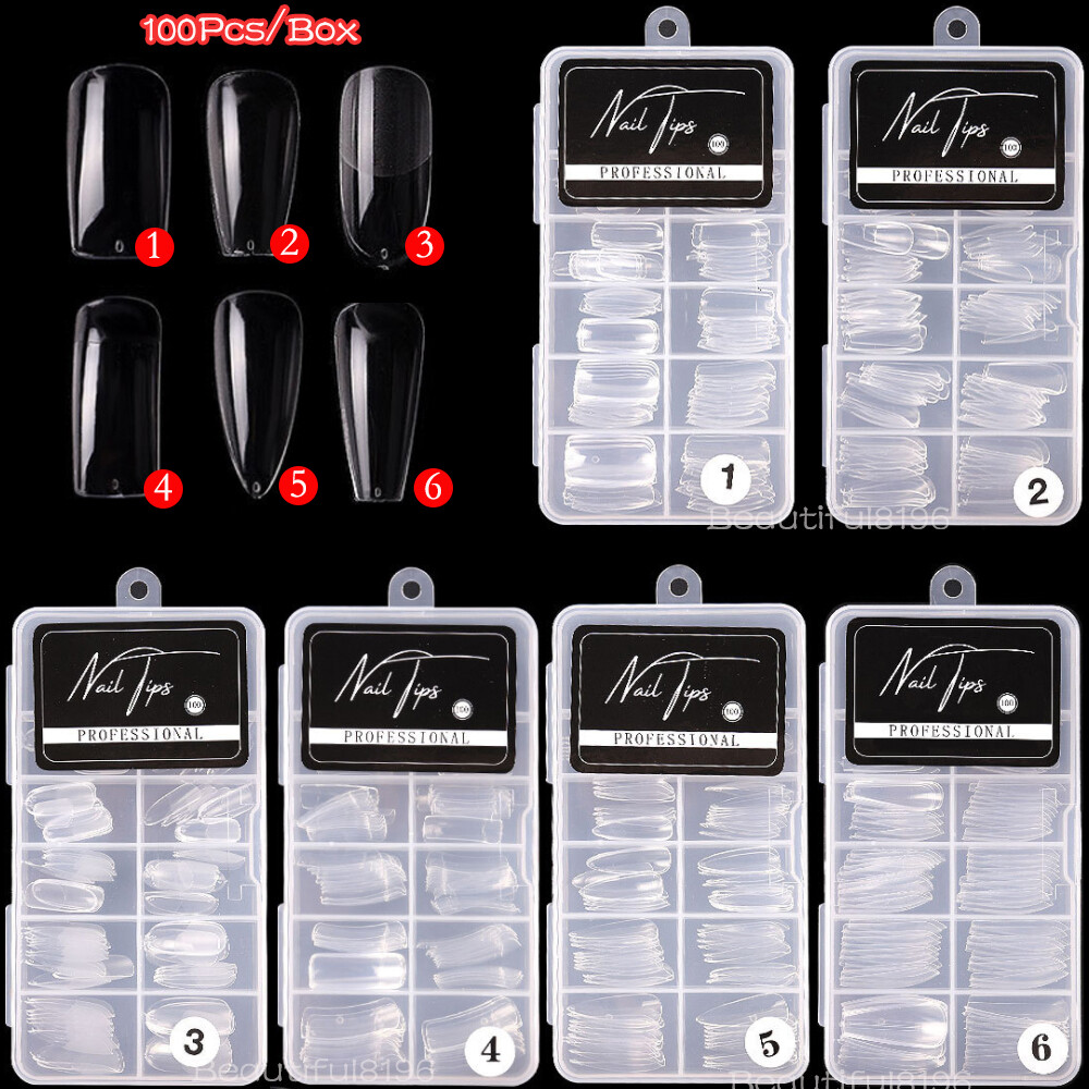 100 Pcs Ballerina Coffin Oval Full Half Cover Artificial False Nail Tips Clear