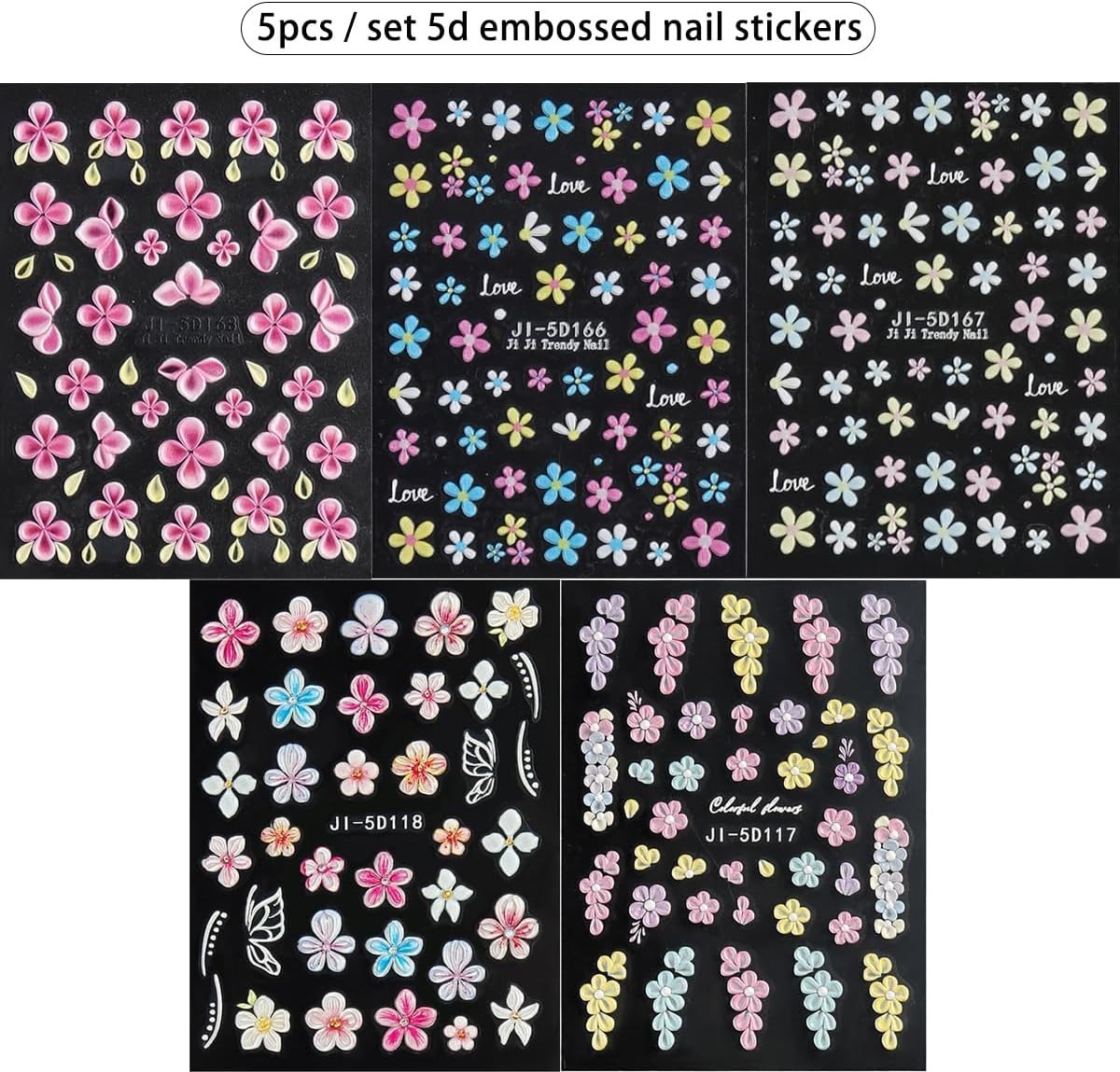 5D Embossed Flower Nail Stickers, 5PCS Colorful Floral Nail Art Stickers Pink…