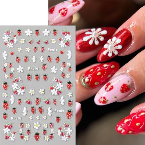 4Pcs Flower Nail Art Stickers Decals 5D Embossed Floral Strawberry strawberry