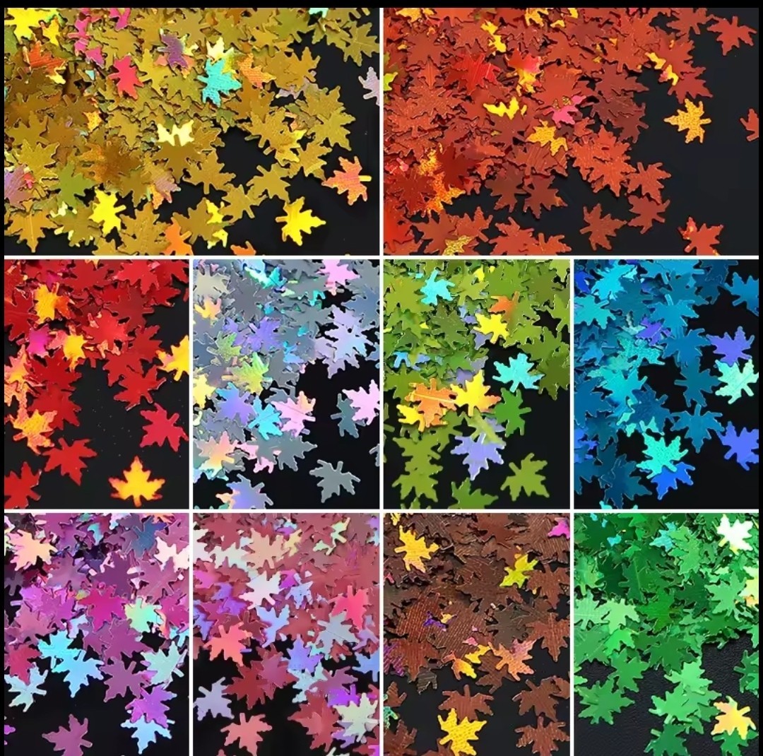 Maple Leaf Nails Flakes, 12 Colors Of Fall Leaf Glitter Nail Design Half Tsp Ea