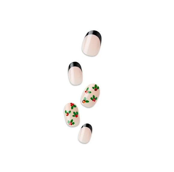 imPRESS Press On Nails Festive Holly Holiday Black French Tip No Glue Manicure