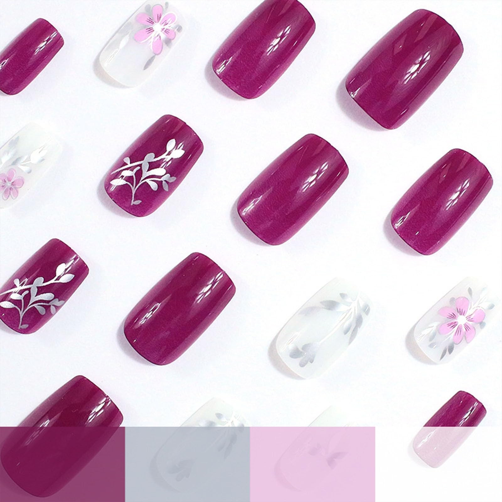 Square Press on Nails Medium Fake Nails with Silver Leaves Pink Flower Design…