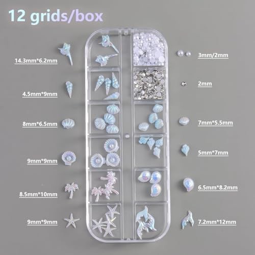 12 Grids 3D Aurora Ocean Nail Charms Summer Beach Nail Rhinestones Set with