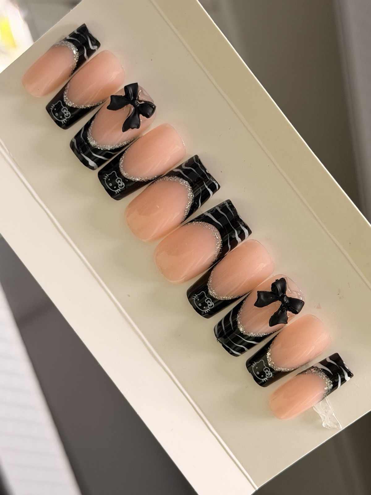 ✨ CUSTOM Press On Nails FRENCH BLACK HELLO KITTY BLING 10p SET W Kit